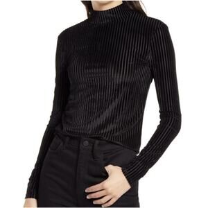 CHELSEA28 Black Velour Stripe Velvet Mock Neck Long Sleeve Top Sz. S NWOT